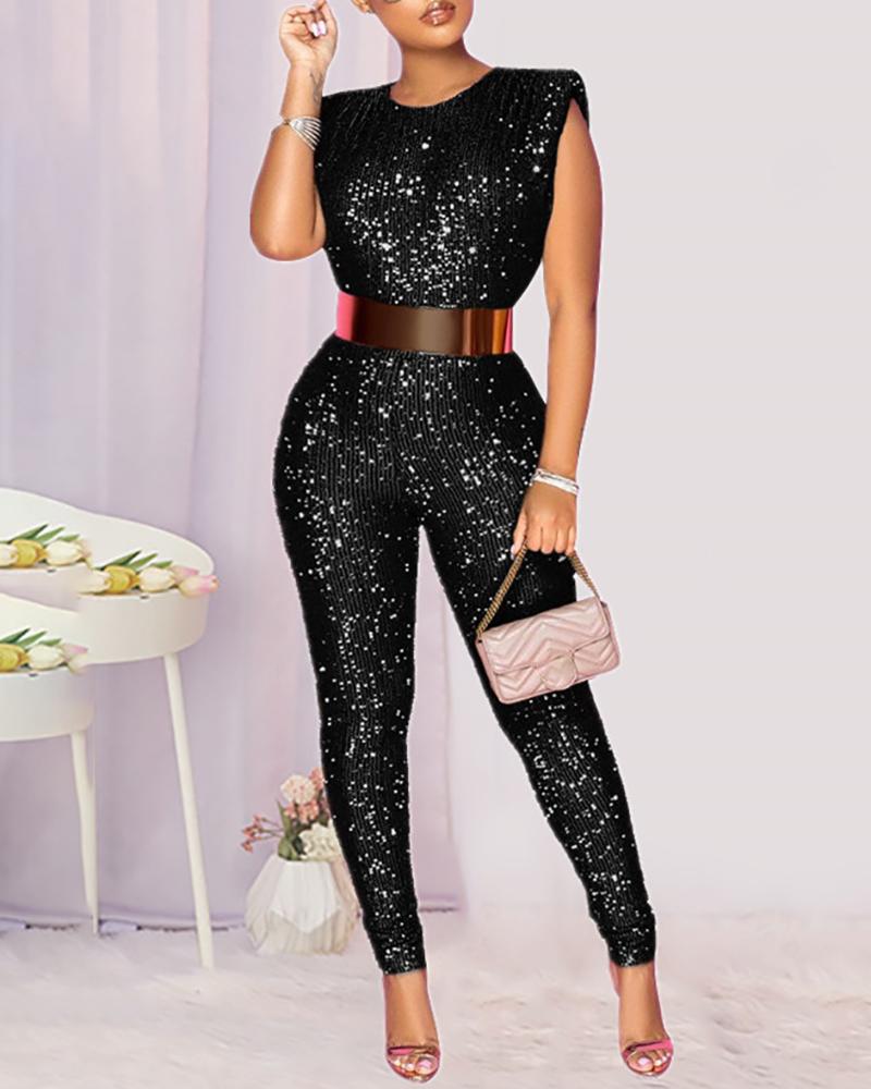 

O-Neck Sleeveless Sequins Skinny Jumpsuit Without Belt, Black