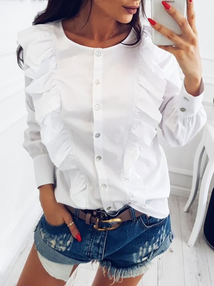 

Stylish Ruffled Button Patchwork Blouse, White