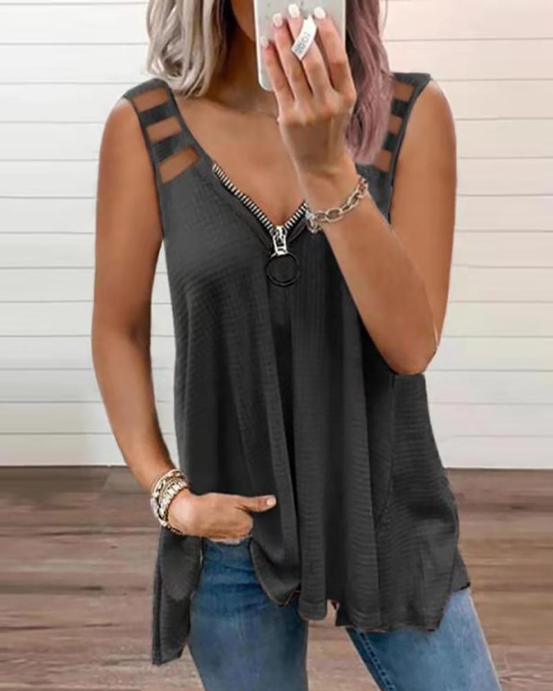 

Thick Strap Zipper Design Cutout Tank Top, Black