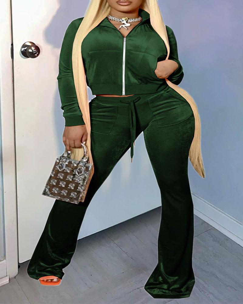 

Plus Size Velvet Zip Up Crop Top & Drawstring Pants Set, Green