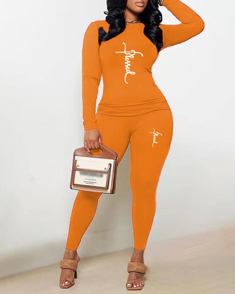 

Plus Size Letter Print Long Sleeve Casual Top & Pants Set, Orange