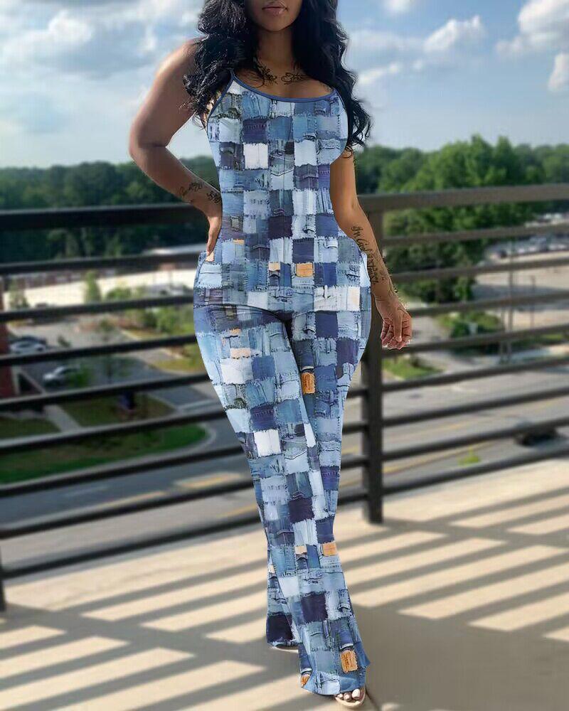 

Denim Look Print U-Neck Spaghetti Strap Jumpsuit, Blue