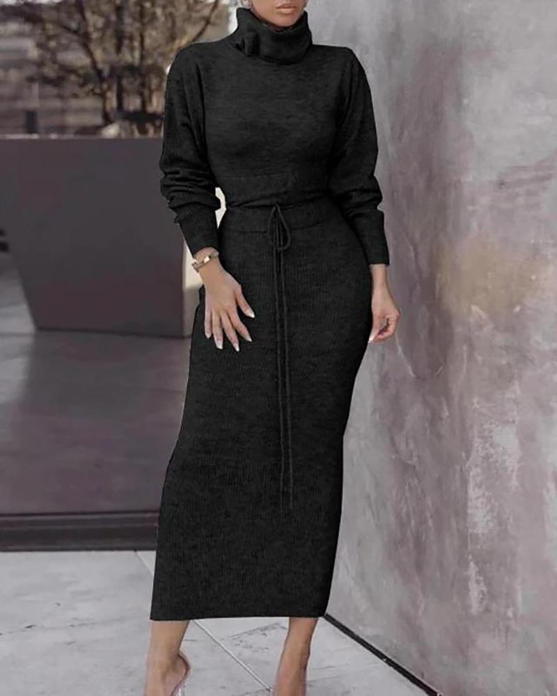 

High Neck Long Sleeve Drawstring Knit Casual Dress, Black