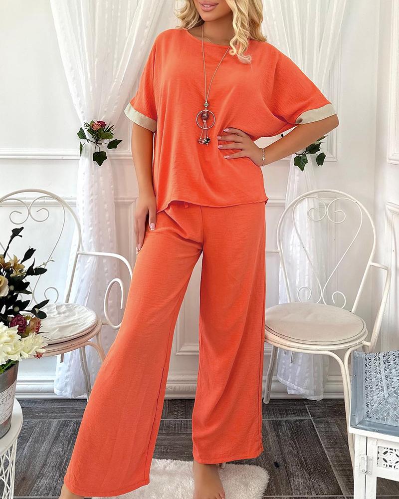 

Contrast Paneled Top & Wide Leg Pants Set, Orange
