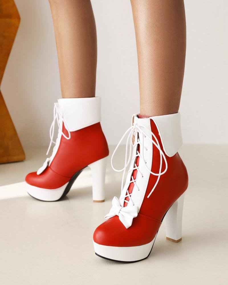 

Womens Lace-up Round Toe Wax Finish High Heel Boots, Red