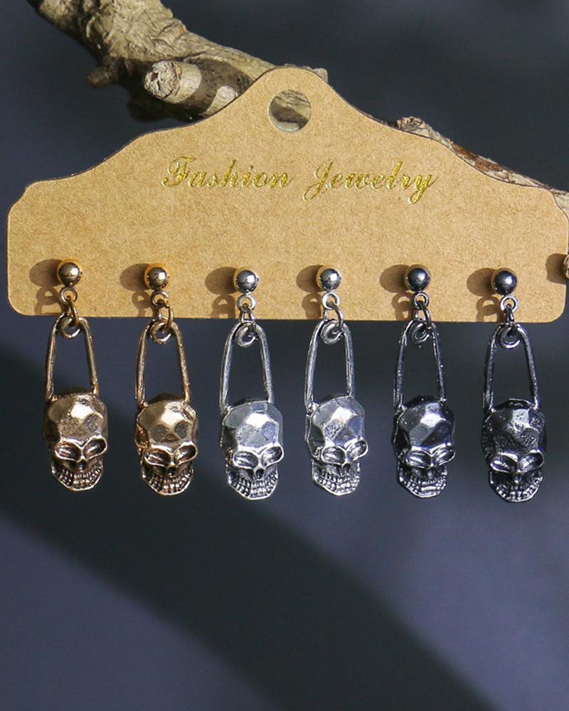 

3Pairs Halloween Skull Dangle Drop Earrings Set, Silver