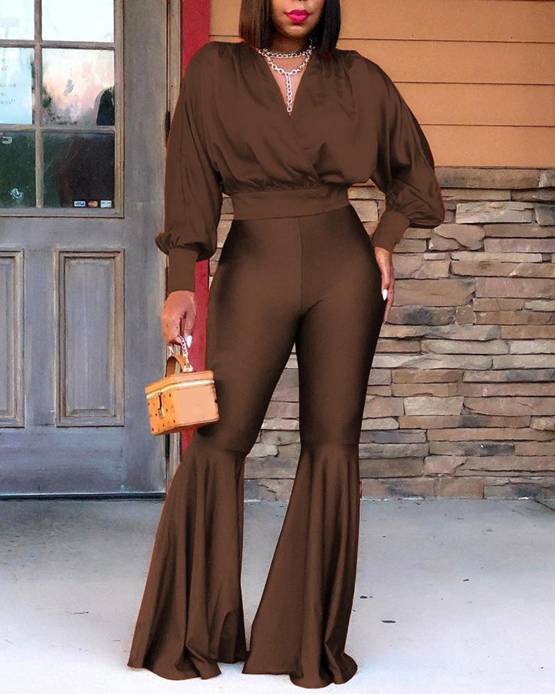 

Lantern Sleeve Top & Ruched Bootcut Pants Set, Dark brown