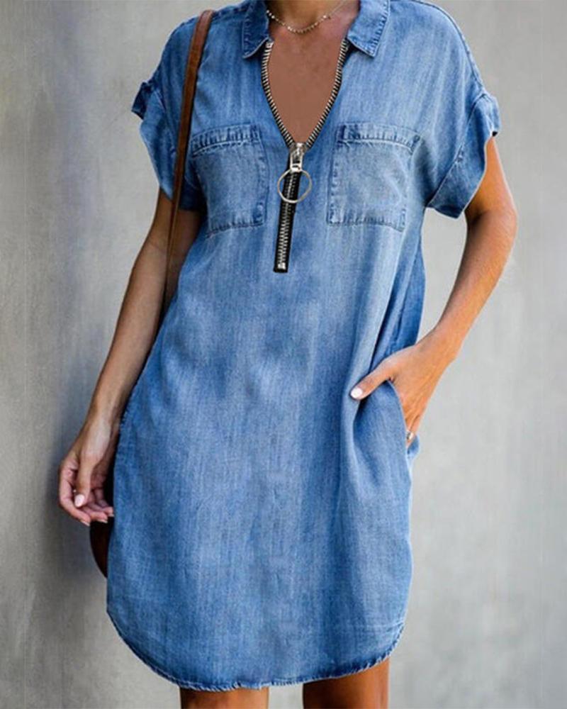 

Solid Short Sleeve Loose Denim Mini Dress, Blue
