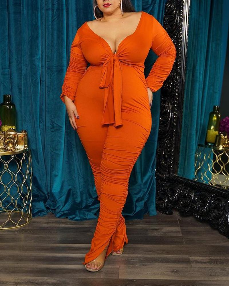 

Plus Size Tied Detail Ruched Long Sleeve Jumpsuit, Orange