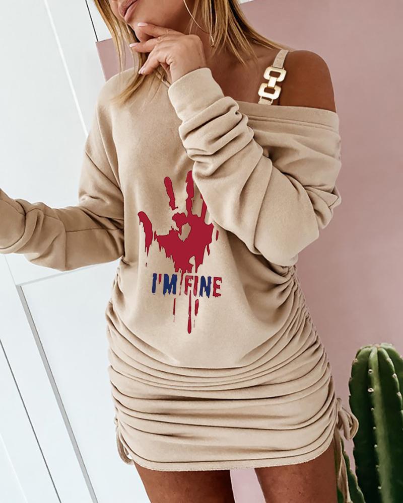 

Halloween Graphic Print Drawstring Long Sleeve Dress, Khaki