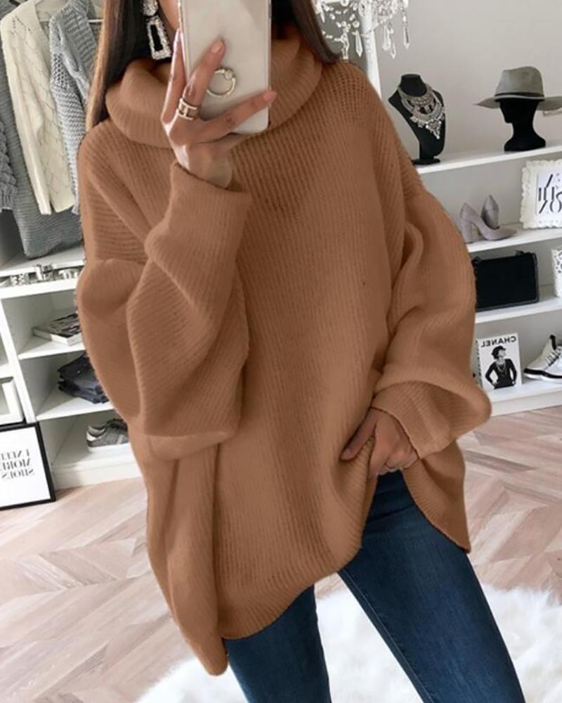

High Neck Lantern Sleeve Sweater, Brown