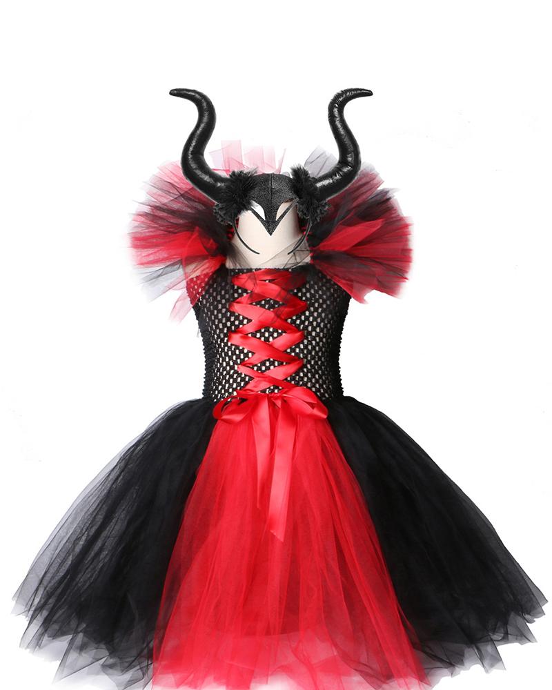 

Halloween Cosplay Magnificent Witch Black Tutu Sheer Mesh Lace-up Dress With Horn Headpiece, Red