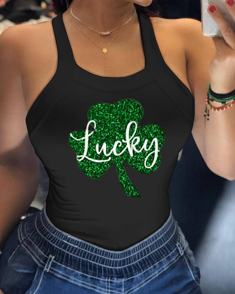 

St. Patrick's Day Lucky Shamrock Print Tank Top, Black