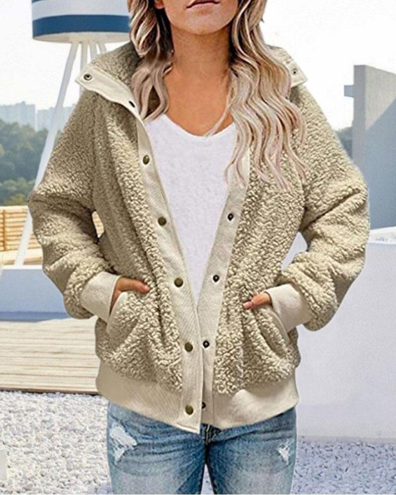 

Long Sleeve Button Front Teddy Coat, Apricot