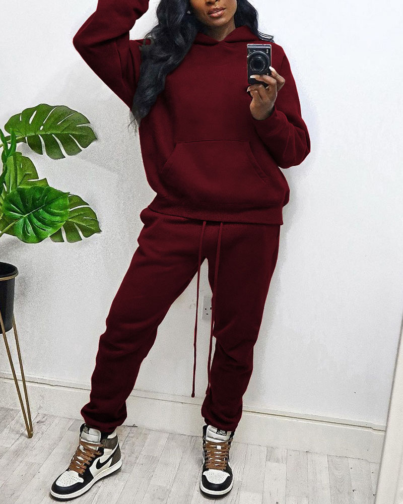 

Pocket Detail Hooded Sweatshirt & Drawstring Pants Set, Red