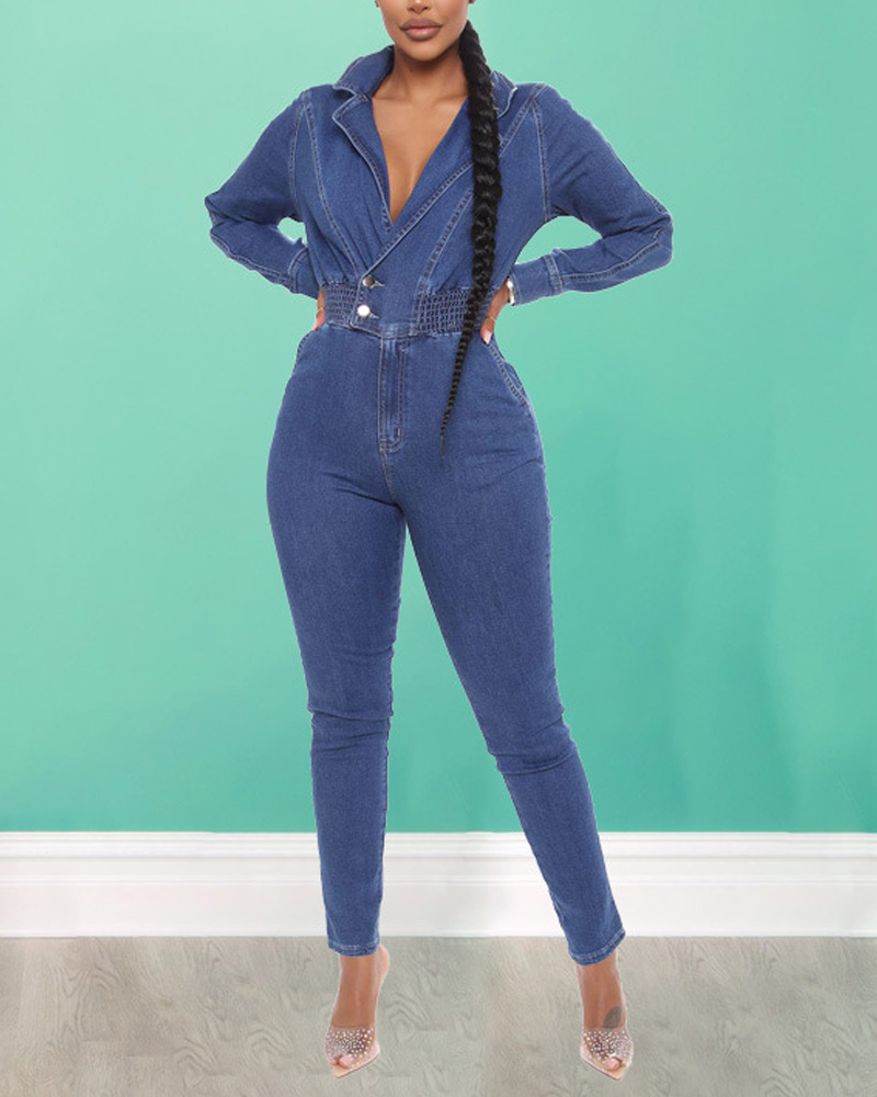 

Washed Long Sleeve Shirred Waist Denim Jumpsuit, Dark blue