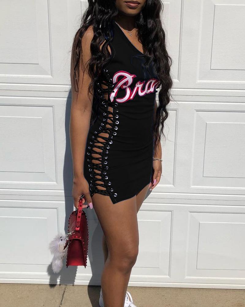 

Letter Print Lace-up Sleeveless Mini Dress, Black