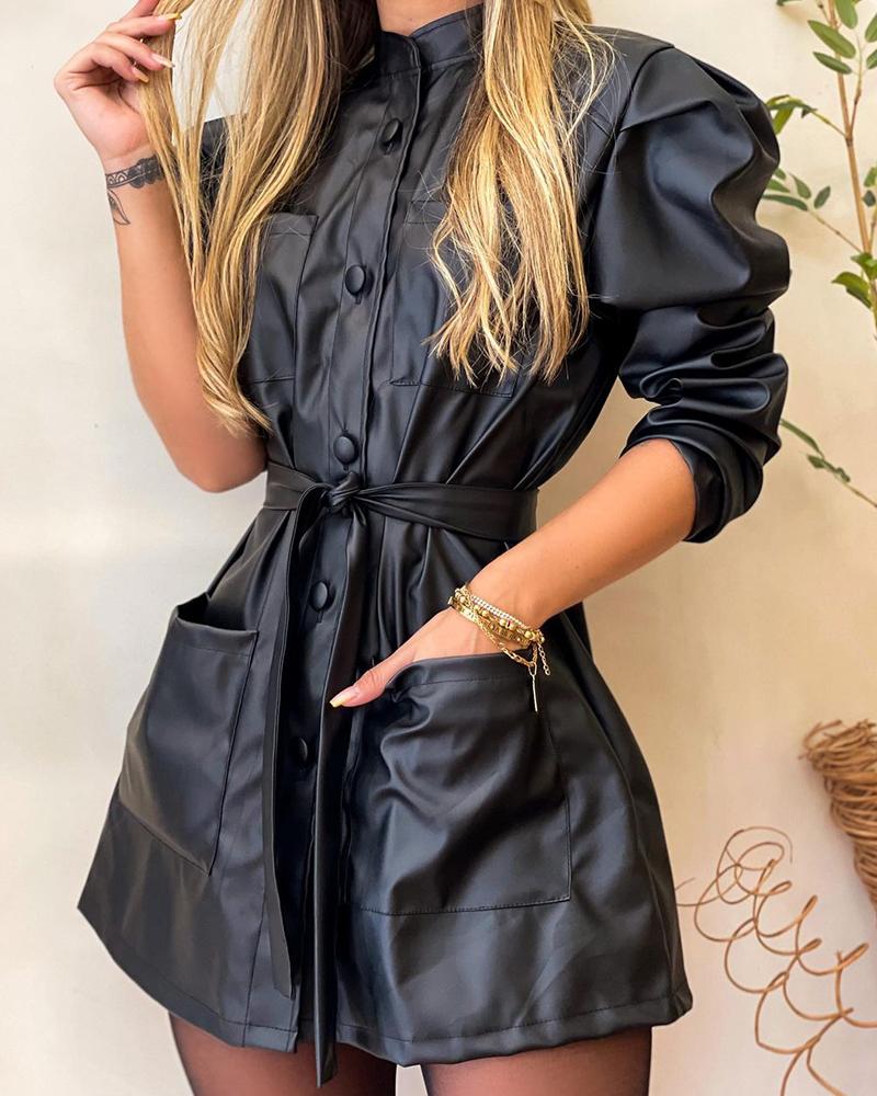 

Solid Color Long Sleeve Splicing Pockets PU Leather Mini Shirt Dress, Black