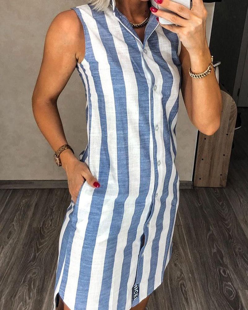 

Striped Colorblock Pocket Design Buttoned Shirt Dress, Blue