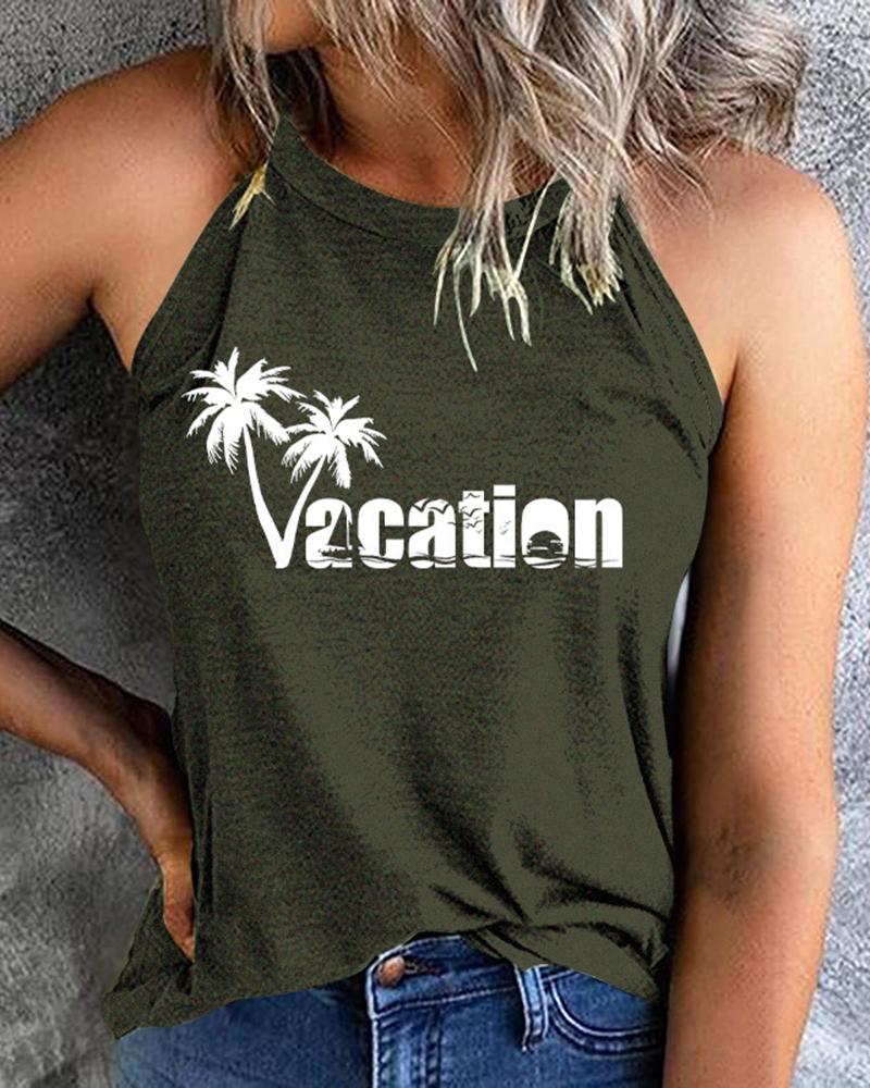 

Coconut Tree Letter Print Casual Tee Round Neck Vest Tank Top, Green