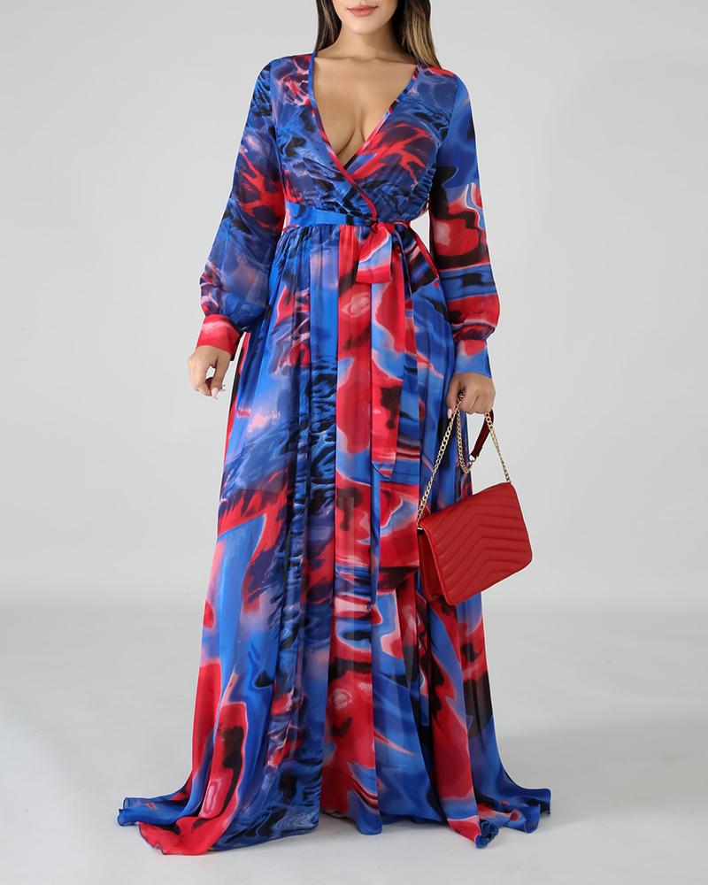 

Lantern Sleeve Tie Dye Print Tied Detail Maxi Dress, Blue
