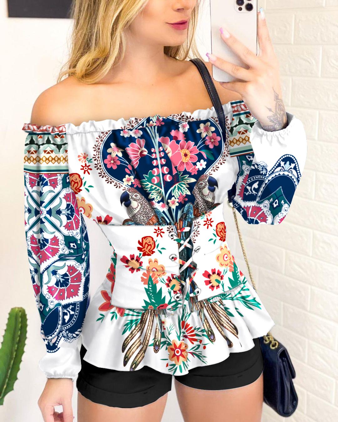 

Eyelet Lace-up Off Shoulder Frill Hem Floral Print Top, Multicolor