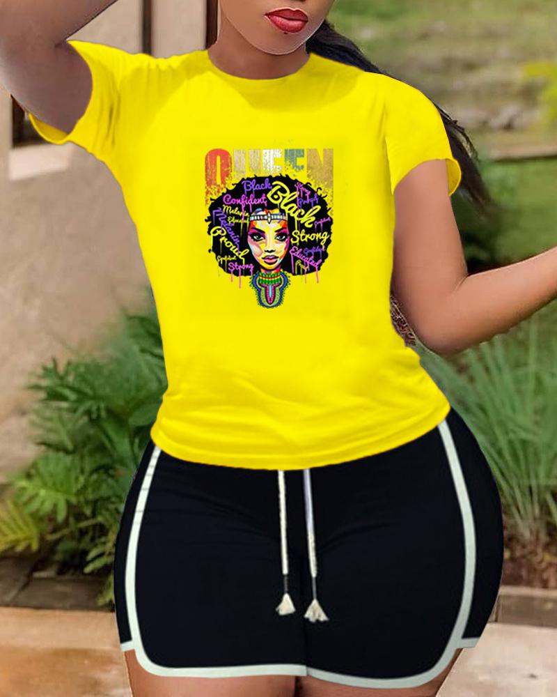 

Figure Cartoon Print Short Sleeve T-shirt With Drawstring Side Stripe Short Pants Suit Sets, Yellow