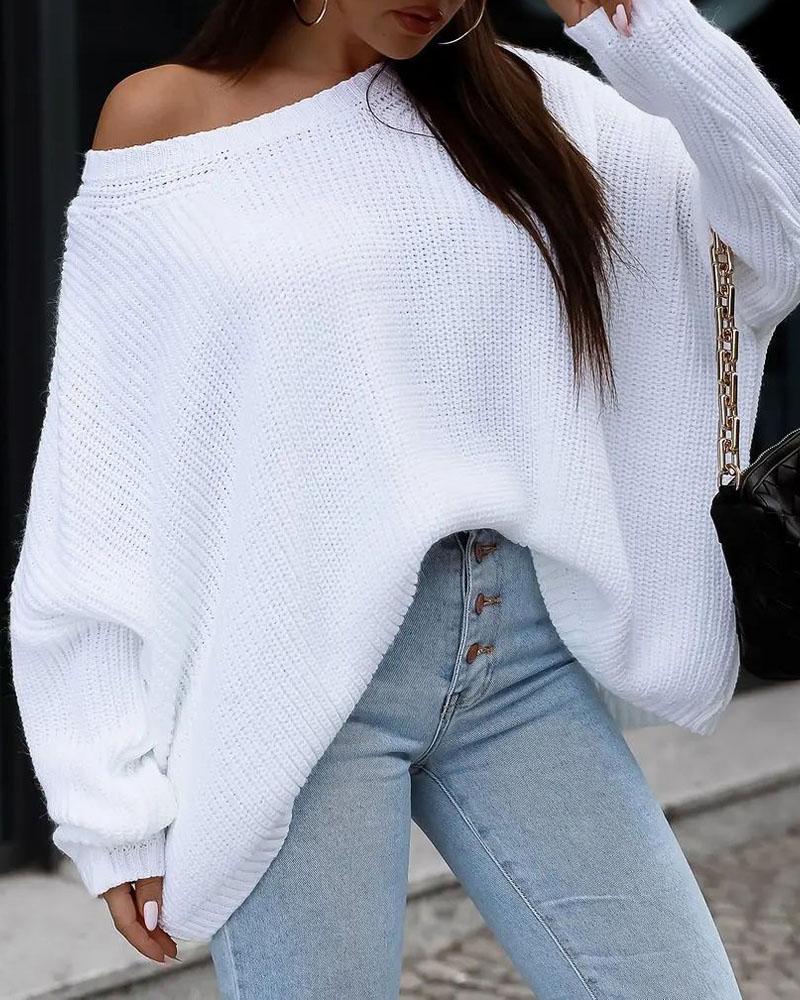 

Batwing Sleeve Chunky Knit Sweater, White