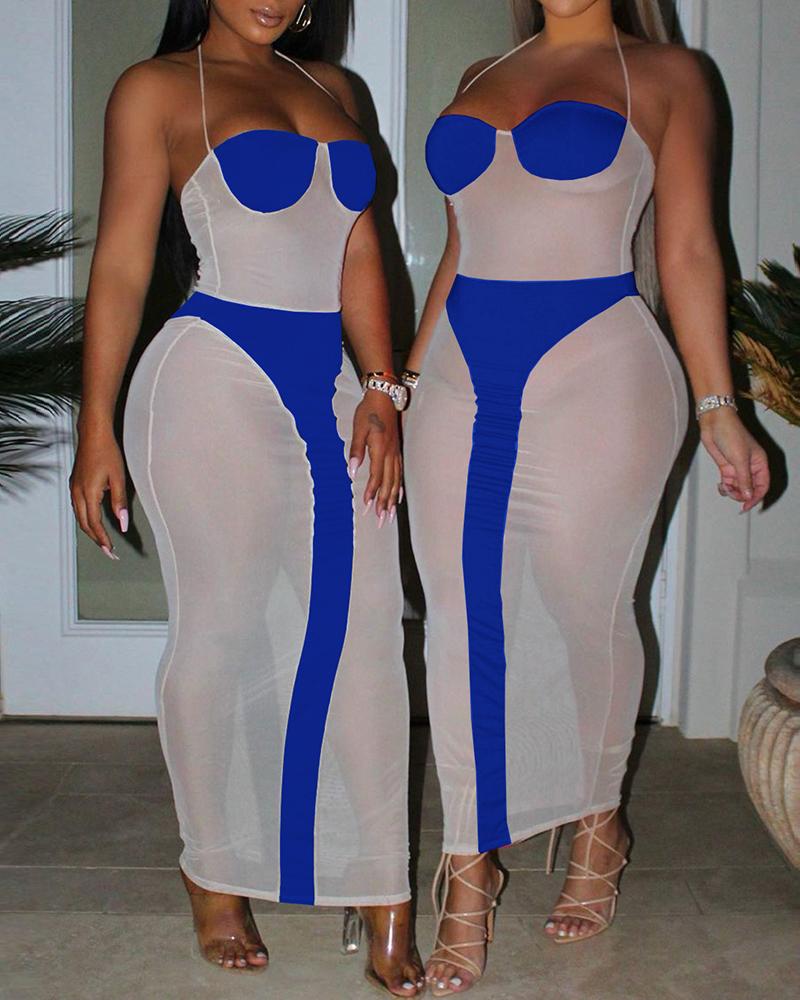 

Halter Sheer Mesh Colorblock Maxi Dress, Blue