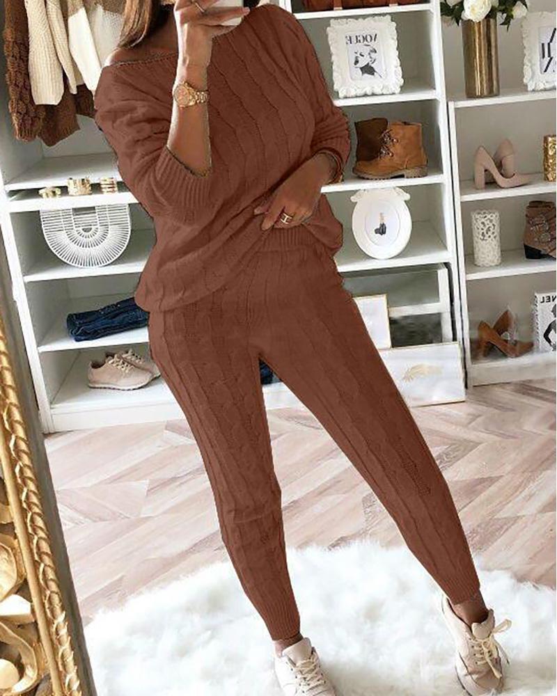 

Knit Long Sleeve Braided Sweater & Pants Set, Coffee