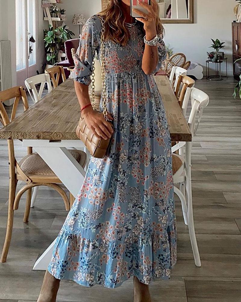 

Floral Print Shirring Detail Ruffles Dress, Blue