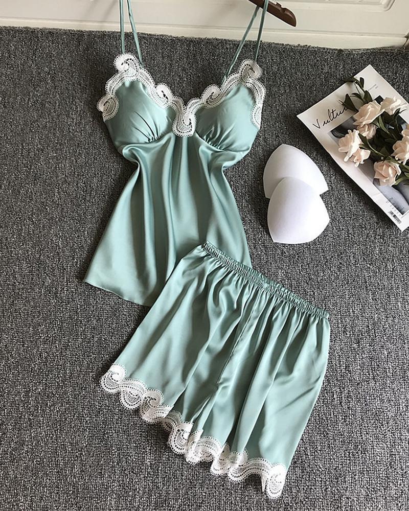 

Satin Lace Trim Padded Cami Set, Green