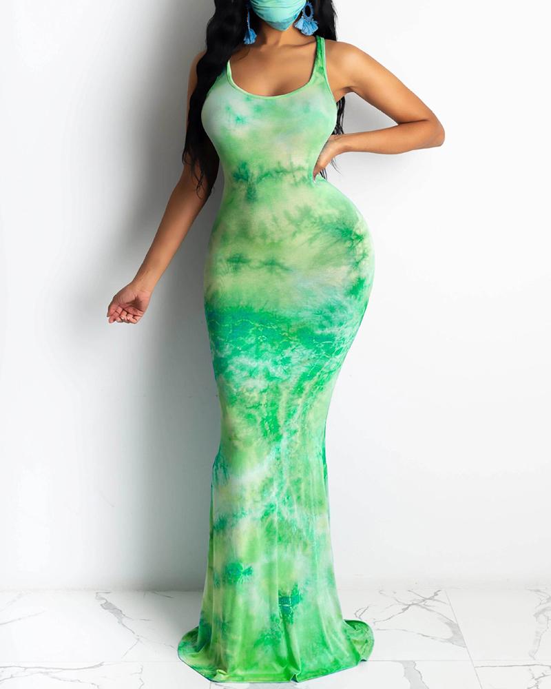 

Tie Dye Print Sleeveless Mermaid Maxi Dress, Green
