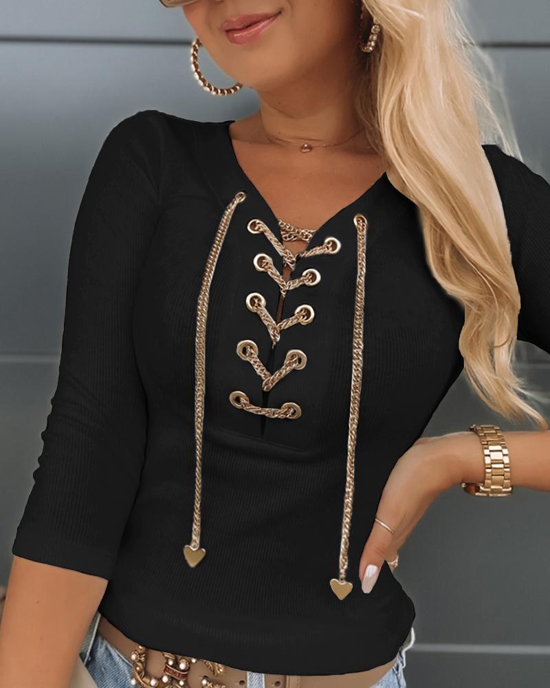 

Eyelet Lace-up Heart Pattern Top, Black