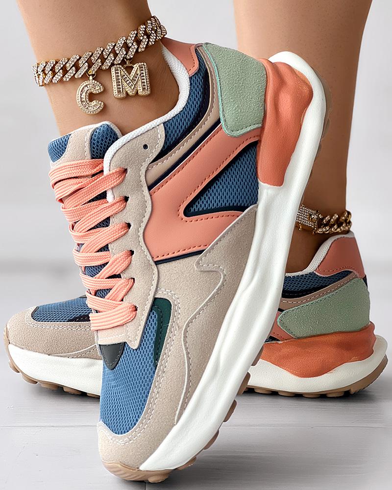 

Colorblock Lace-up Platform Casual Sneakers, Blue&orange