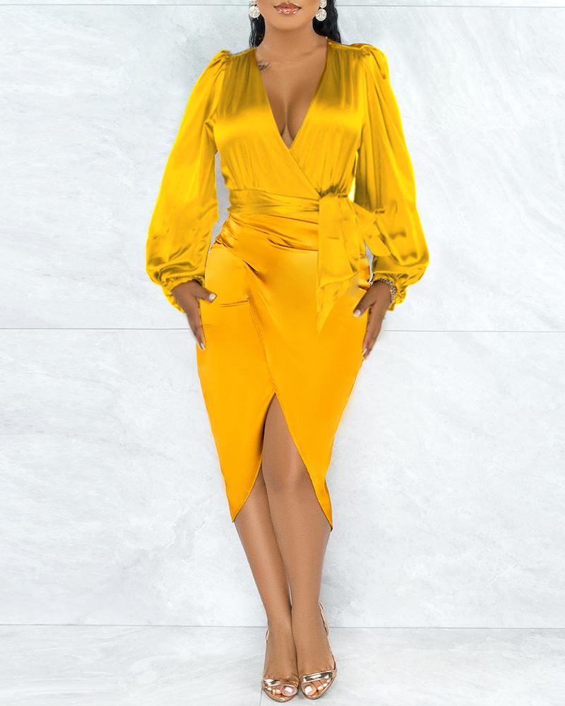 

Satin Puff Lantern Sleeve Plunge Party Dress Plain Long Sleeve Ruched Slit Midi Cocktail Party Dress, Yellow