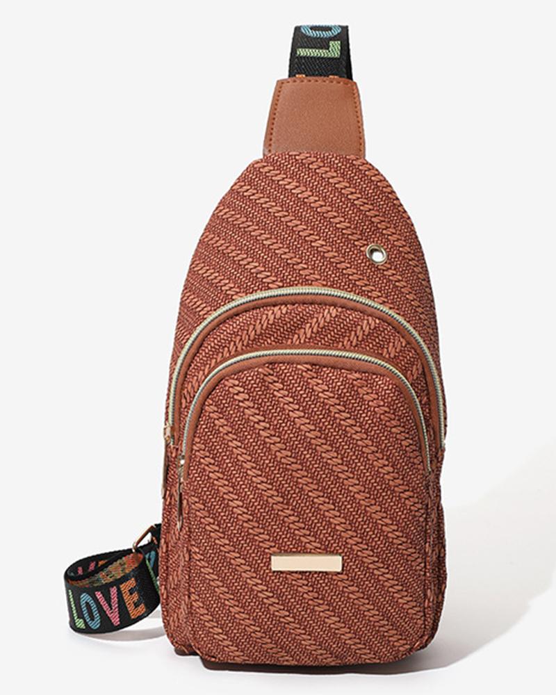 

Cable Textured Zipper Design Casual Crossbody Bag, Brown