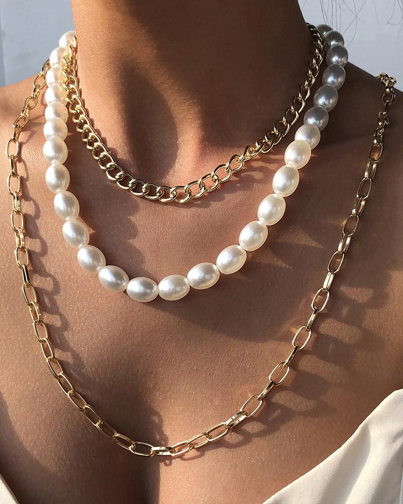 

3PCS Beaded Layered Chain Necklace Set, Gold