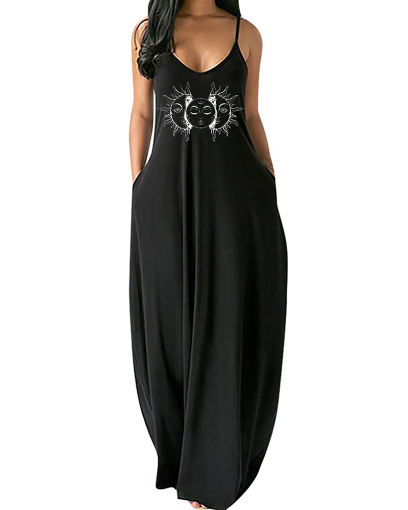 

Sun Pattern Print Pocket Design Maxi Dress, Black