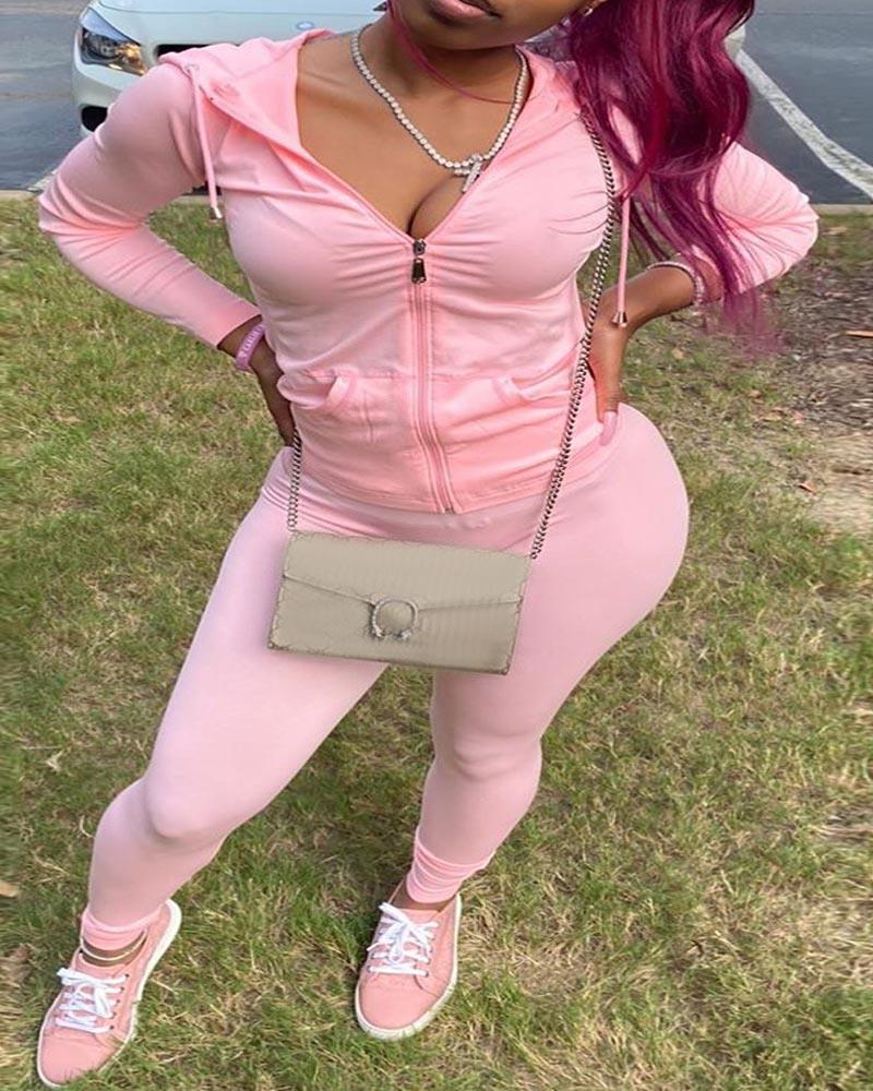 

Plus Size Long Sleeve Hooded Zip Up Top & Pants Set, Pink
