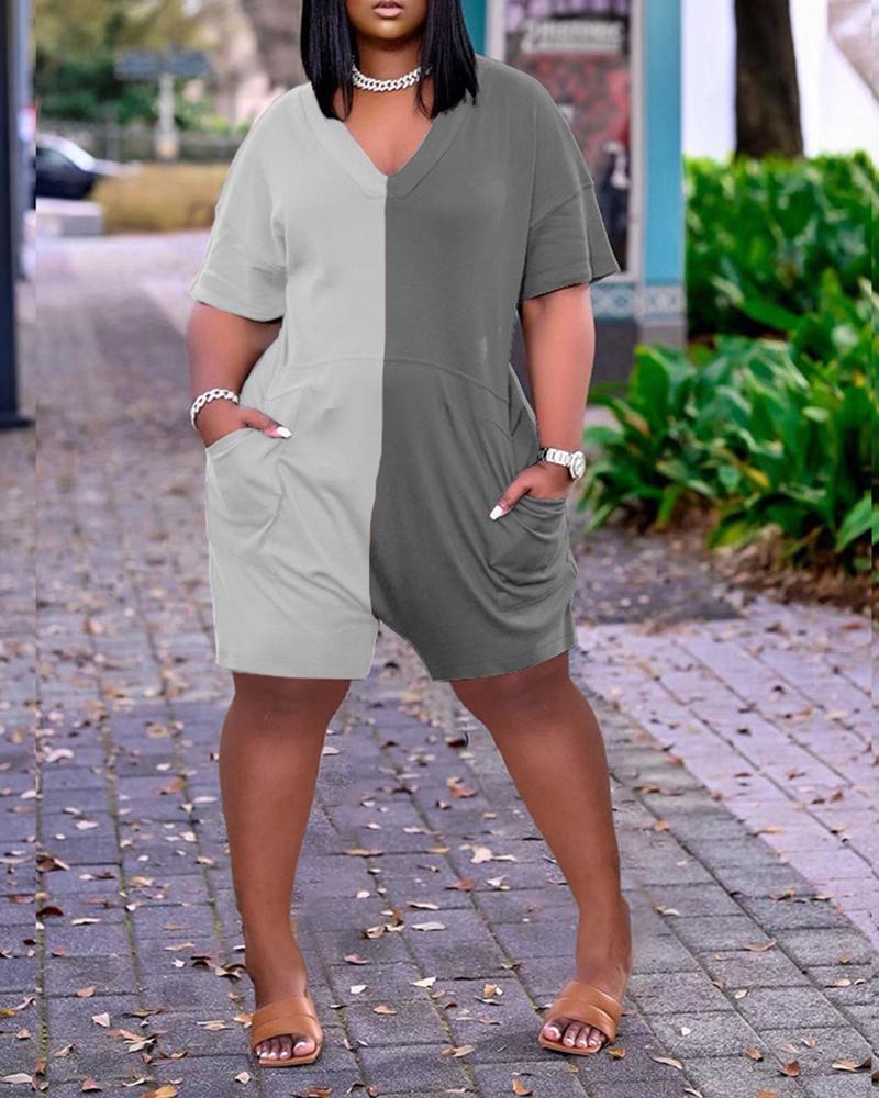 

Pocket Deisng Colorblock Short Sleeve Romper, Gray