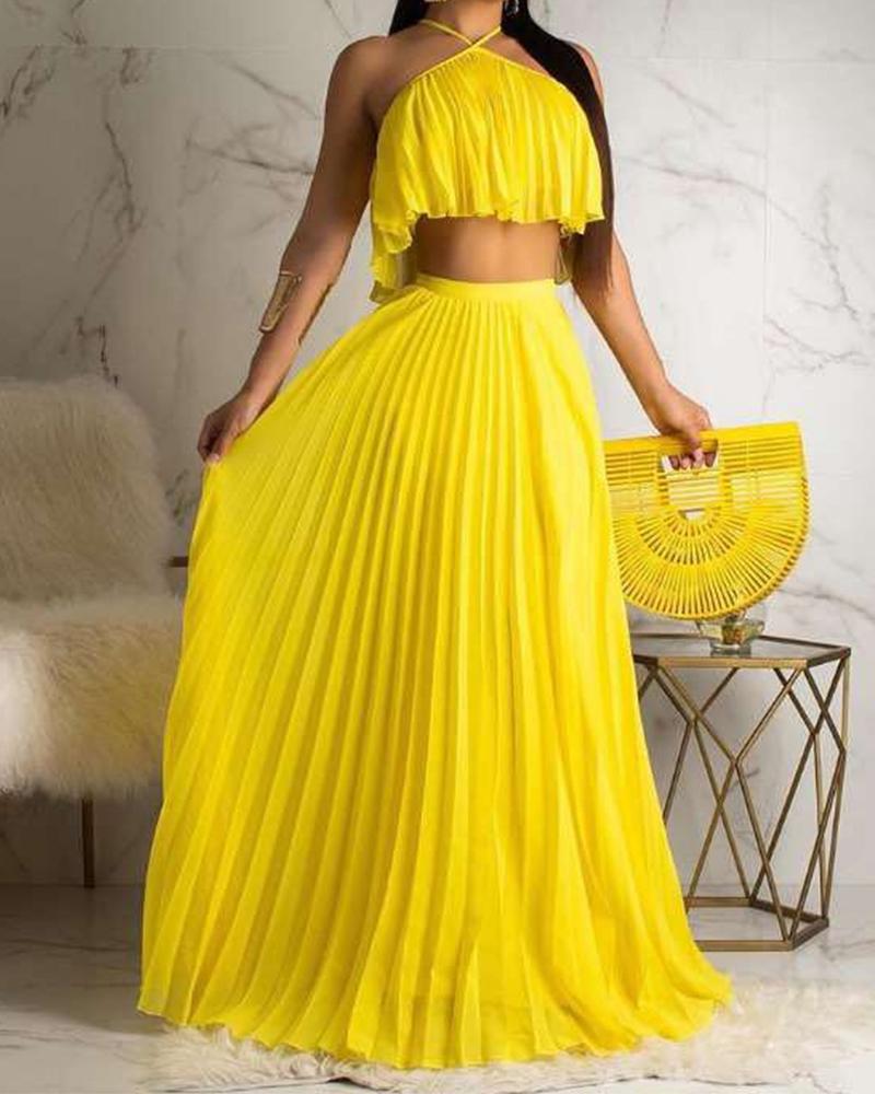 

Solid Sleeveless Cropped Tanks With A-line Pleated Loose Skirts Suit Sets, Yellow