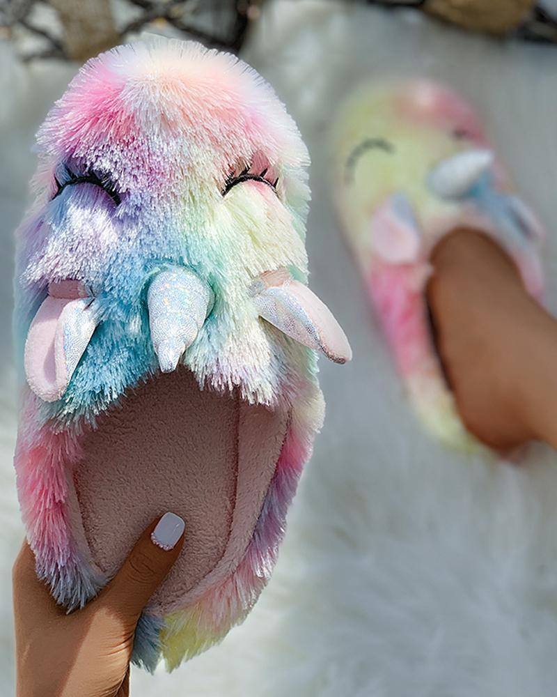 

Unicorn Pattern Colorblock Fluffy Slippers, Multicolor