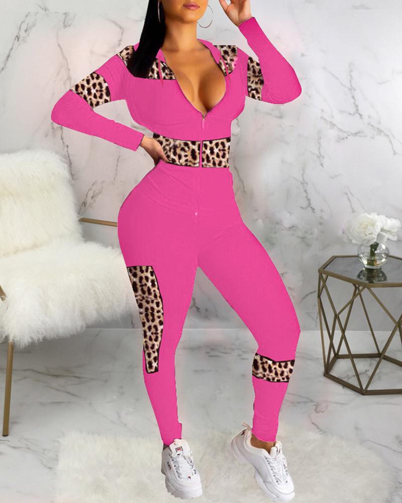 

Cheetah Print Colorblock Zip Top & Pants Set, Hot pink
