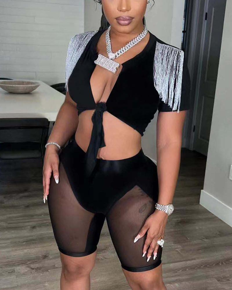 

Tassel Trim Tied Detail Crop Top & Sheer Mesh Shorts Set, Black