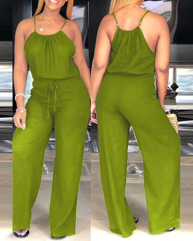 

Plus Size Spaghetti Strap Casual Drawstring Jumpsuit, Green