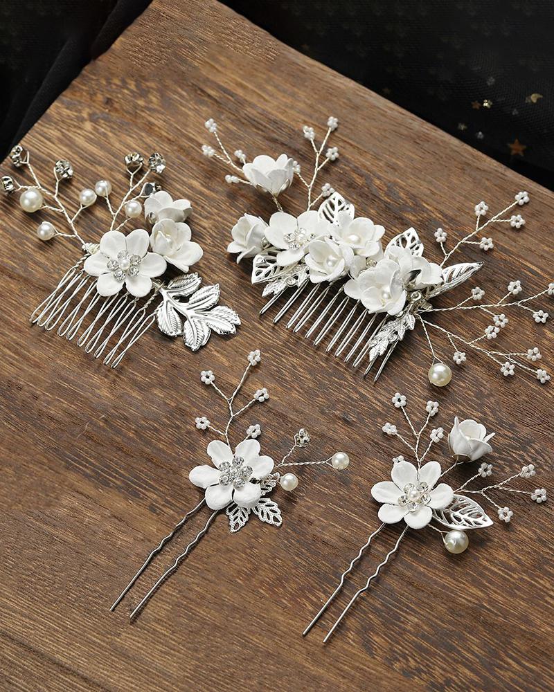 

4pcs Wedding Bridal Hair Comb Clips Leaf Pearl Hairpins Crystal Floral Jewelry Headpieces Set, White