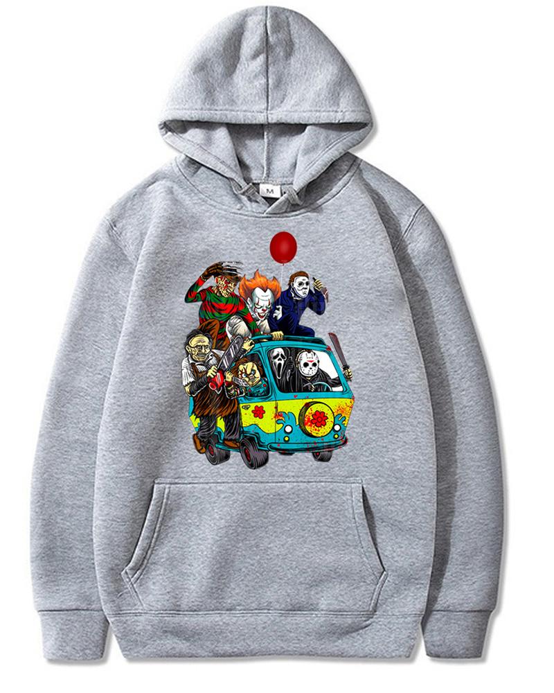 

Halloween Scary Cartoon Figure Print Hoodie, Gray