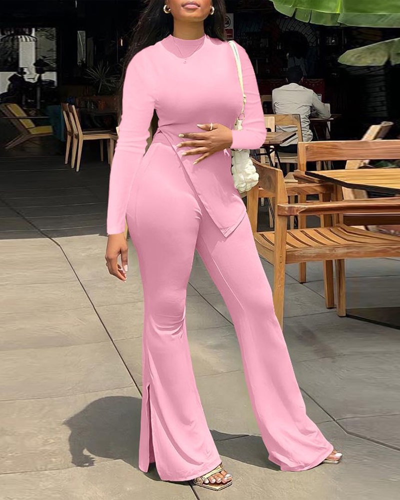 

Asymmetrical Hem Side Slit Top & Flared Leg Pants Set, Pink