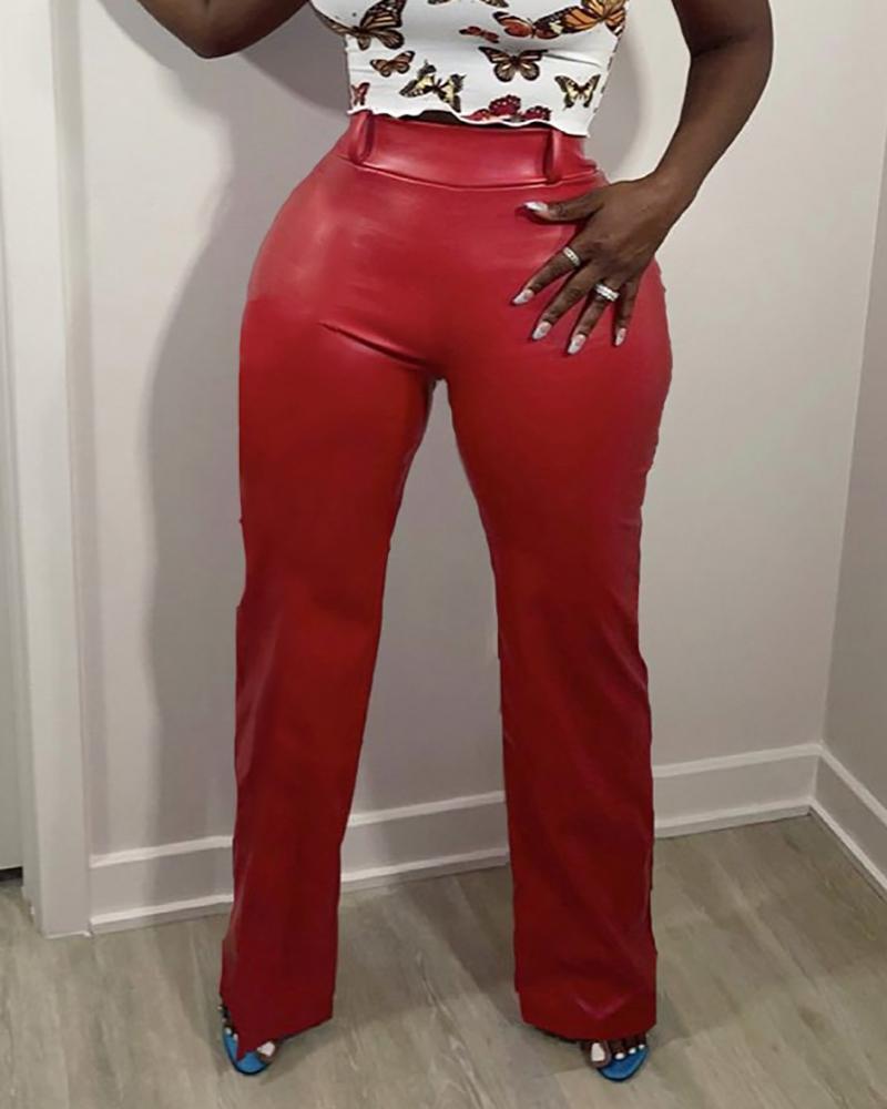 

PU Leather Zipper Design Wide Leg Pants, Red